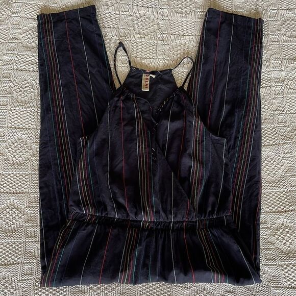 Anthropologie Dolan Left Coast Navy Embroidered Striped Cotton Halter Jumpsuit - Picture 5 of 16